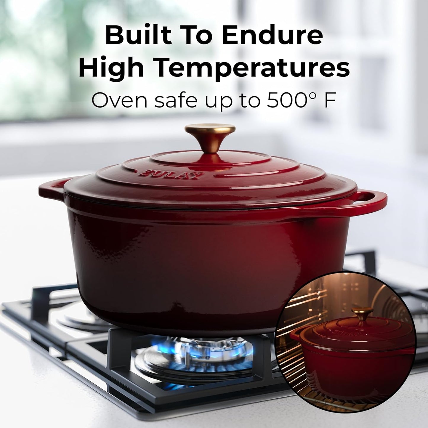 Zulay Kitchen 6 Quart Enameled Cast Iron Dutch Oven Pot with Lid – Premium Durability & Oven Safe up to 500°F – Heavy Duty Cookware Perfect for Bread Baking, Stews, Braising & Roasting – Garnet