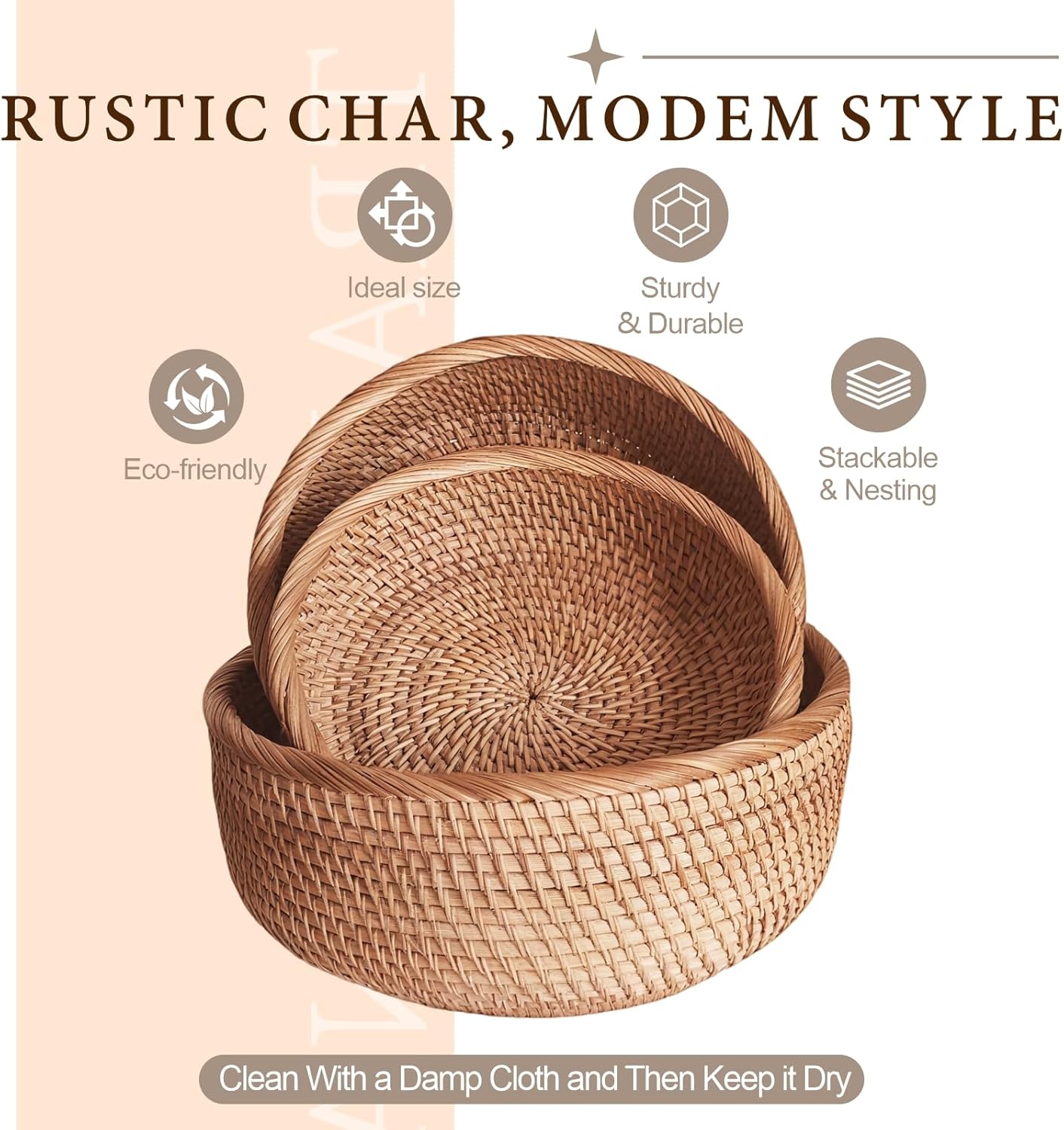 Rattan Bread Baskets for Serving, Hand Woven Food Baskets, Natural Wicker Fruit Basket for Kitchen Counter, Decorative Bread Baskets for Gifts, Snacks, Candies, Nuts, Keys, Wallets, etc.(Round-Combo)
