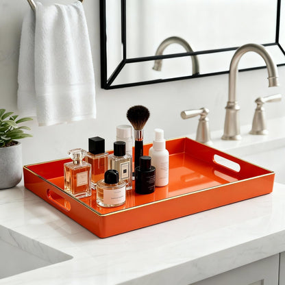 Zosenley Decorative Tray, Rectangular Plastic Tray with Handles, Modern Vanity Tray and Serving Tray for Bathroom, Kitchen, Ottoman and Coffee Table, 15.6” x 10.2” (Orange)