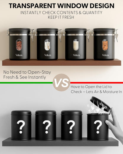 Veken Large Coffee Canister with Window, Rice Kitchen Food Storage Airtight Stainless Steel Container with Lids, Date Tracker and Scoop, Grounds, Beans, Tea, Flour, Cereal, Sugar Jars, 38oz, Black