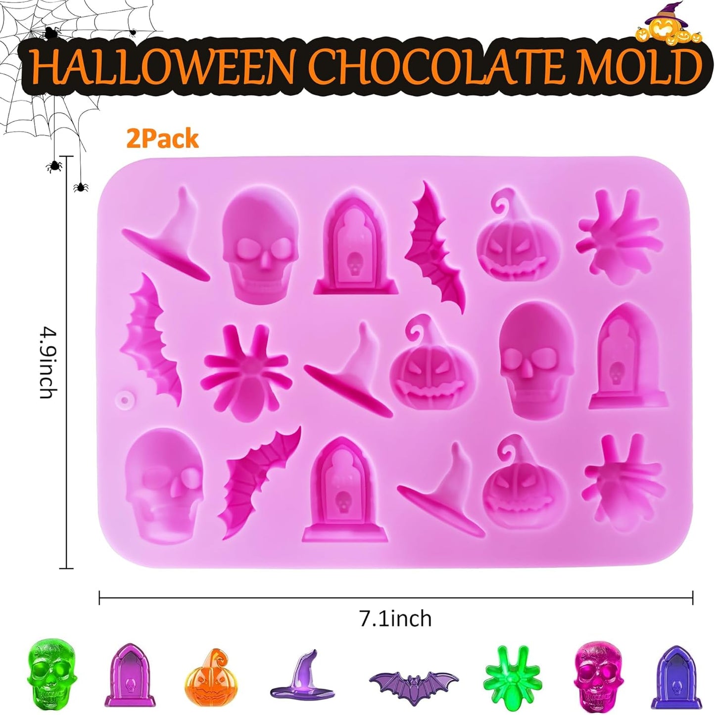 2 Pack Halloween Chocolate Molds, 18-Cavity Candy Molds with Skull Pumpkin Wizard Hat Bat Spider Tombstone for Chocolate Candy Gummy Jelly, Reusable Nonstick Halloween Molds for Baking