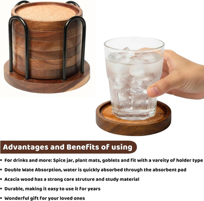 Wood Coasters for Drinks with Wooden Holder, Wooden Coaster with Cork for Tabletop Protection, Drink Coasters for Coffee Table, 4.13 Inch, Set of 6 (Modern Coasters with Metal Holder)