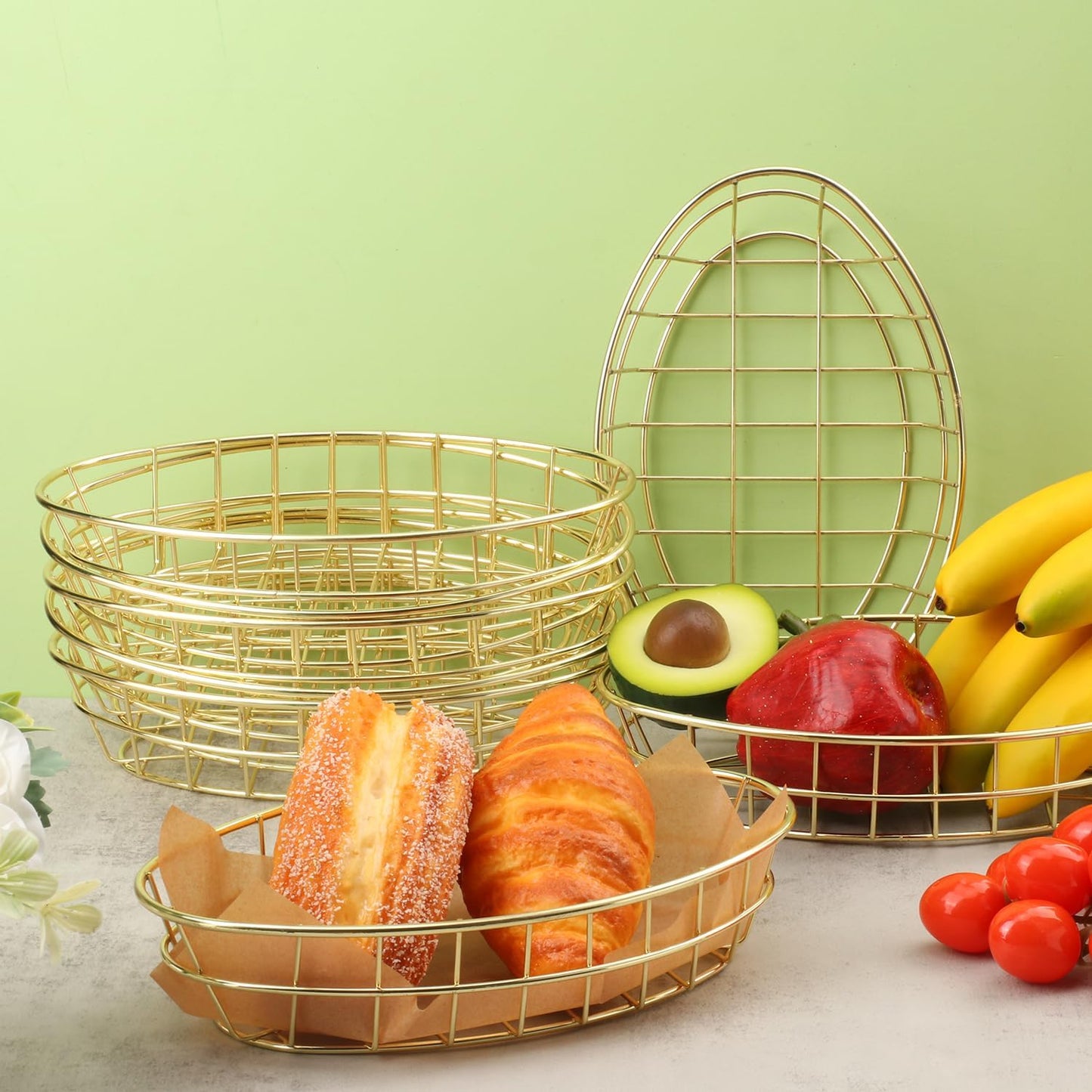 12 Pack Oval Wire Bread Basket, 9.65 x 6.1 x 2.17 Inch Metal Fast Food Baskets with 50 Sheets Deli Wrappers Paper, Metal Dinner Roll Baskets for Home & Kitchen, Serving and Storage(Golden)