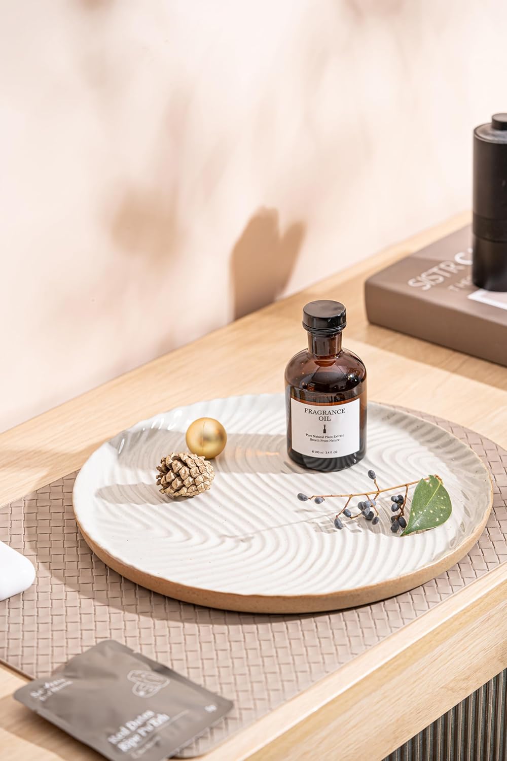 Vanity Tray with Brown Trim - Candle & Perfume Holder Organizer - Round White 11"11" - Home Decor for Dresser, Table, Bathroom Countertop