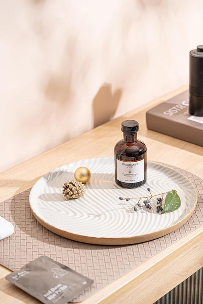 Vanity Tray with Brown Trim - Candle & Perfume Holder Organizer - Round White 11"11" - Home Decor for Dresser, Table, Bathroom Countertop