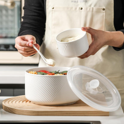 Ceramic Nesting Bowls with Lids: Mixing Bowls with Lids - Porcelain Food Storage Containers For Prep and Serving, Microwavable Kitchen Bowl Set of 4, 50/32/20/10 oz (White)