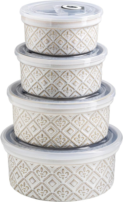 Airtight Food Storage Containers with Lids Mixing Bowls Set, Ceramic Serving Bowls with Lids Set of 4, 12/16/28/40 oz Stackable Nesting Salad Bowls for Cooking, Baking, Ramen - Beige