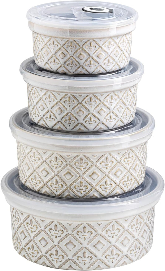 Airtight Food Storage Containers with Lids Mixing Bowls Set, Ceramic Serving Bowls with Lids Set of 4, 12/16/28/40 oz Stackable Nesting Salad Bowls for Cooking, Baking, Ramen - Beige