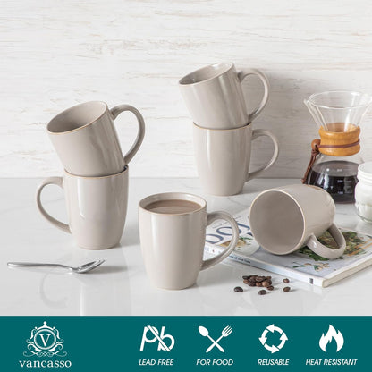 vancasso PLAYA Ceramic Coffee Mug Set of 6, 16 Oz Tea Cups with Handle for Latte, Tea, Cappuccino, Milk, Cocoa, Microwave&Dishwasher Safe, White