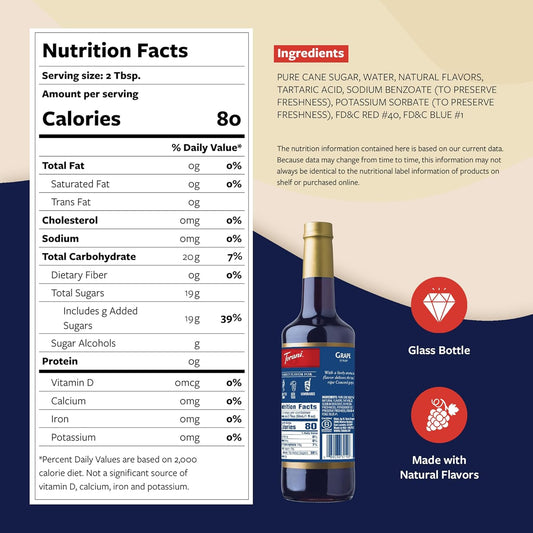 Torani Grape Syrup for Drinks, Flavoring for Iced Tea, Lemonade, Sodas, and Cocktails, Glass Bottle with Pump Included, 25.4 Fl Oz