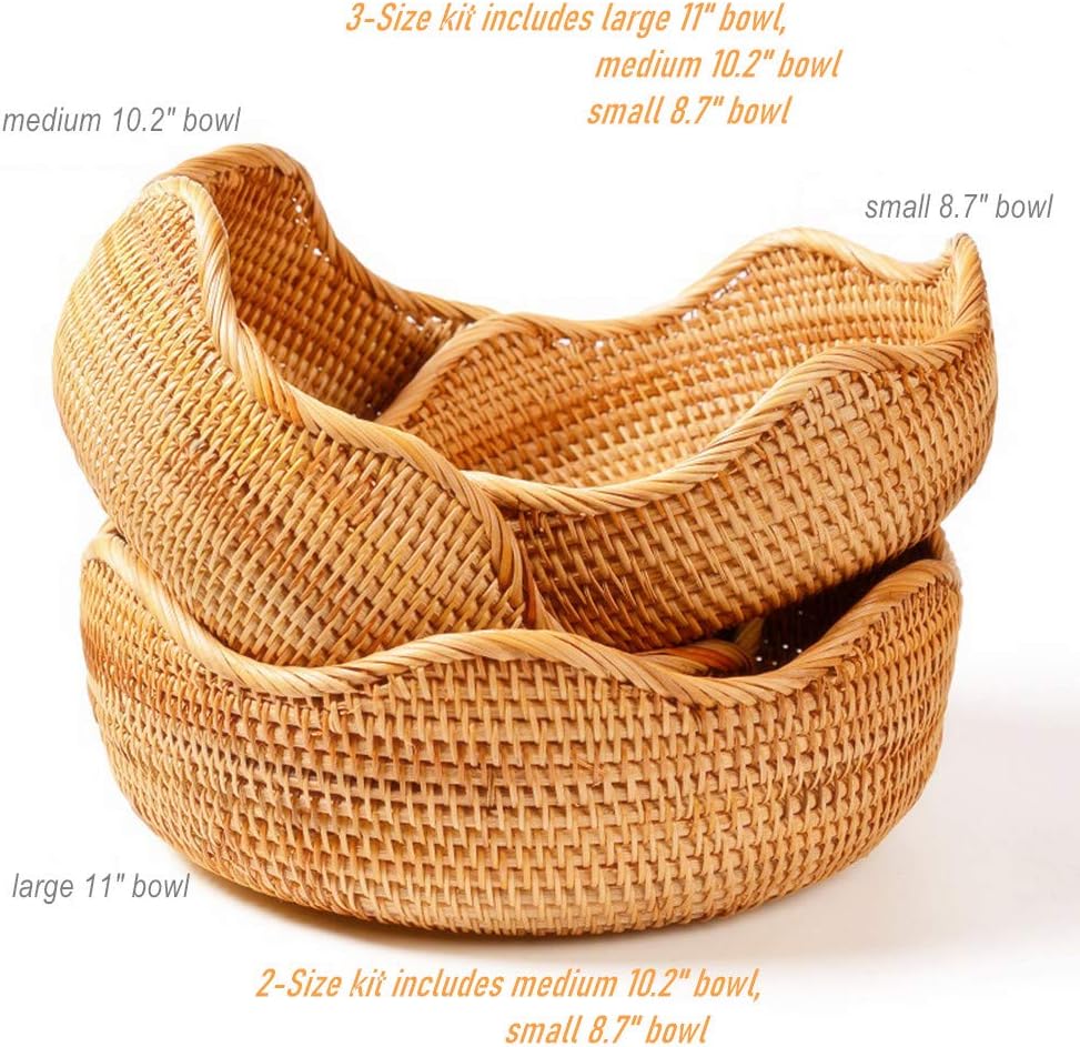Handmade Rattan Round Fruit Basket Food Storage Bowls Kitchen Organizer Snack Serving Bowl 9 10 Inch Wavy Edge Circle Tray Basket with 3” Deep Wall, Boho Décor Display Tray Bowl (2-Size Kit)