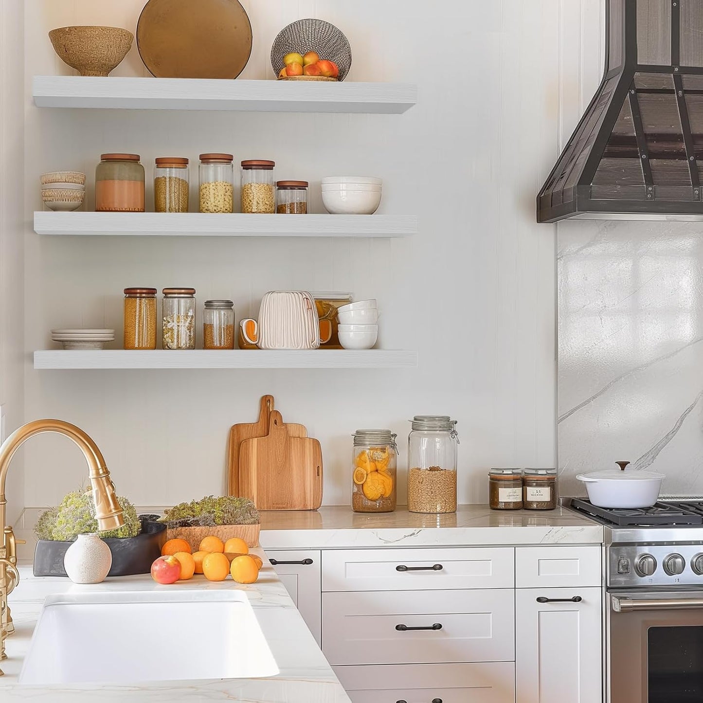 BAYKA White Floating Shelves for Wall, 36 inches Wall Mounted Rustic Wood Shelves for Bathroom, Bedroom, Living Room, for Book/Storage/Decor（Set of 3）