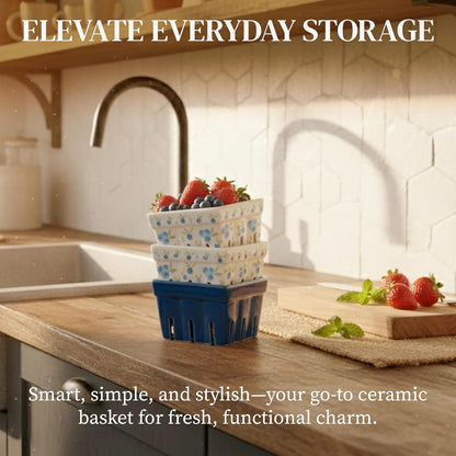 Ceramic Berry Basket, Farmhouse Colander, Farmers Market square Bowl. Rustic Kitchen decor fruit bowls, Fruit Baskets, Bleu White and Blueberry pattern Stoneware Harvest Bowls Set of 4