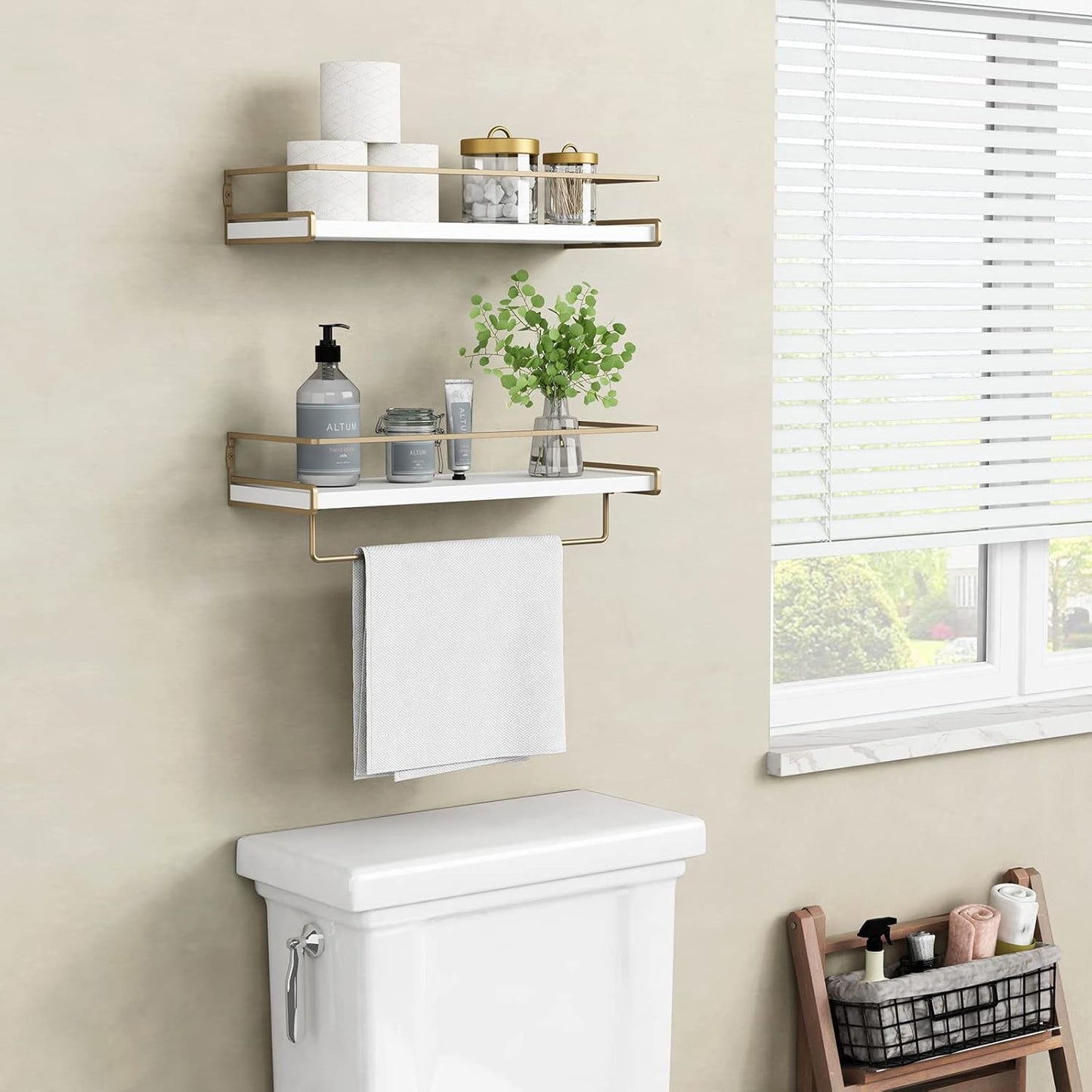 Forbena Floating Bathroom Shelves Wall Mounted, Aesthetic White and Gold Shelves for Bathroom Accessories, Modern Bathroom Organizer with Tower Bar for Wall Decor Storage Small Spaces, Set of 2