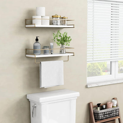 Forbena Floating Bathroom Shelves Wall Mounted, Aesthetic White and Gold Shelves for Bathroom Accessories, Modern Bathroom Organizer with Tower Bar for Wall Decor Storage Small Spaces, Set of 2