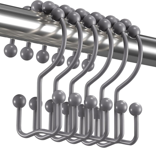 Titanker Shower Curtain Hooks Rings, Rust-Resistant Metal Double Glide Shower Hooks for Bathroom Shower Rods Curtains, Set of 12 Hooks - Neutral Gray