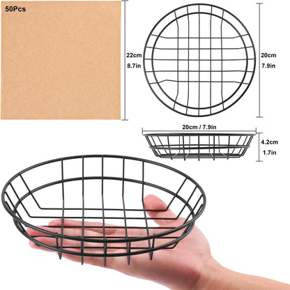 15 Pack 8 Inch Round Wire Bread Basket, Metal Fast Food Baskets with 50 Sheets Deli Wrappers Paper, Metal Dinner Roll Baskets for Home & Kitchen, Serving and Storage(Black)
