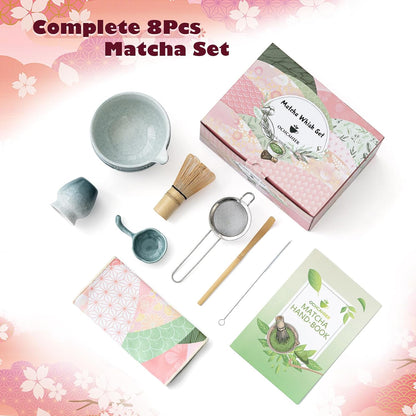 Matcha Tea Set, 8 Pcs Japanese Matcha Kit with Cherry Blossom and Wave Design Ceramic Bowl, Bamboo Whisk, Whisk Holder, Scoop, Sifter, Brush, Matcha Kit Set for Matcha Lovers (Blue Gradient)