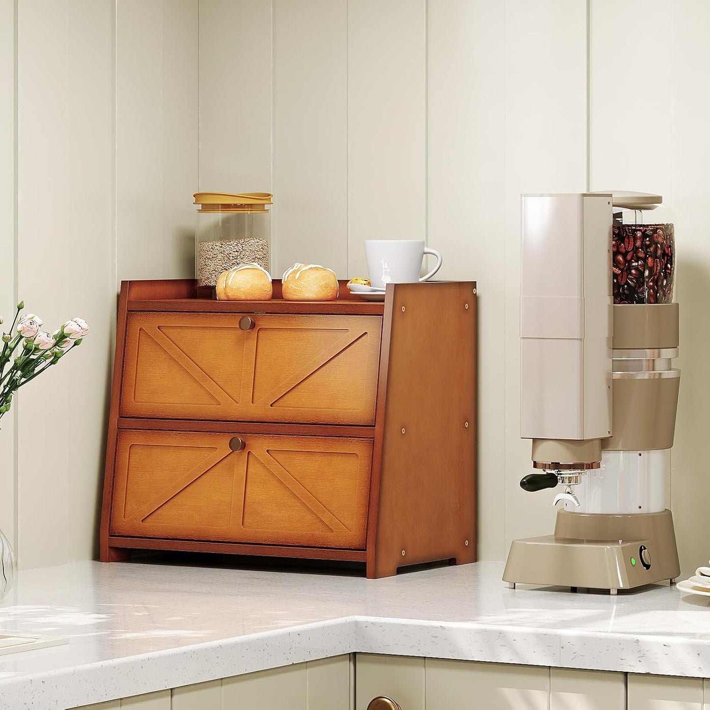 Vintage Double Layer Bread Box for Kitchen Counter Bamboo Bread Storage Container Large Capacity Bread Storage Bin