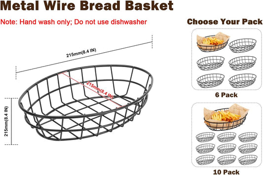 10 Pack Metal Fast Food Oval Baskets, Wire Bread Basket for Serving, Reusable Chip Burger Fruit Vegetables Bowl Storage for Kitchen Table, Restaurants, Snack Bar, 9.5" x 6.3" x 2"