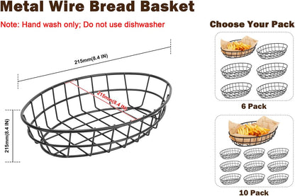 6 Pack Metal Fast Food Oval Baskets, Wire Bread Basket for Serving, Reusable Chip Burger Fruit Vegetables Bowl Storage for Kitchen Table, Restaurants, Snack Bar, 9.5" x 6.3" x 2"