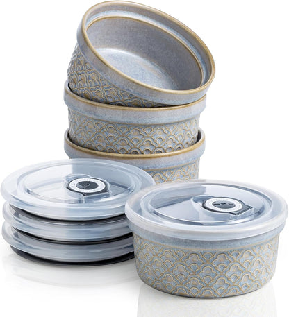 Creme Brulee Ramekins with Covers, Ceramic Souffle Ramekin with Lid, Small Baking Dishes, Food Storage Containers Serving Bolws with Lids for Lunch, Dessert, Fruit, Grey Cloud
