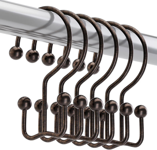 Titanker Shower Curtain Hooks Bronze, Minimalist Simple Double Glide Shower Curtain Rings, Rust Proof Metal Shower Hooks Rings for Bathroom Shower Rods Curtains, Set of 12 Hooks