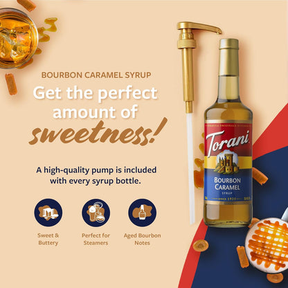 Torani Coffee Syrup, Bourbon Caramel Flavoring for Drinks, Glass Bottle with Pump Included, 25.4 Fl Oz