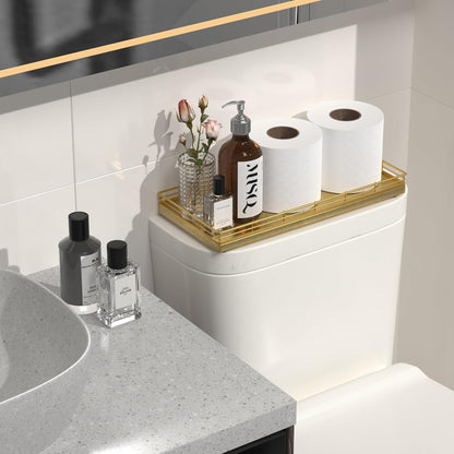 Oak Bathroom Toilet Tank Tray, 13" Wood Toilet Paper Storage Basket Back of Toilet Basket Organizer, Vanity Tray for Perfume Makeup Candle Kitchen Counter Coffee Table Decor, Gold
