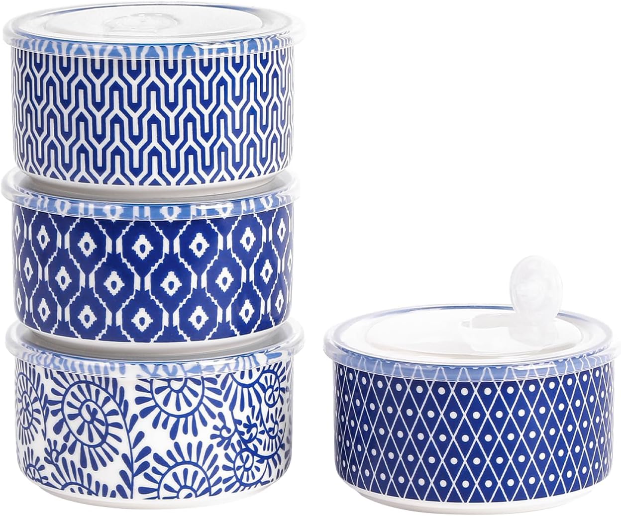 Selamica Ceramic Bowls with Lids,14 OZ Small Serving Bowls with Lids for Lunch Picnic Microwave Safe, 5 Inch Kitchen Food Storage Bowls Set of 4 for Prep, Salad, Pasta, Cereal, Vintage Blue