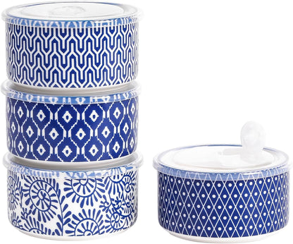 Selamica Ceramic Bowls with Lids,14 OZ Small Serving Bowls with Lids for Lunch Picnic Microwave Safe, 5 Inch Kitchen Food Storage Bowls Set of 4 for Prep, Salad, Pasta, Cereal, Vintage Blue