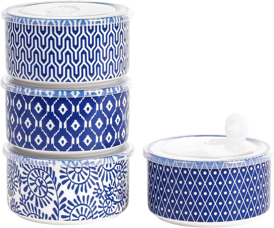 Selamica Ceramic Bowls with Lids,14 OZ Small Serving Bowls with Lids for Lunch Picnic Microwave Safe, 5 Inch Kitchen Food Storage Bowls Set of 4 for Prep, Salad, Pasta, Cereal, Vintage Blue