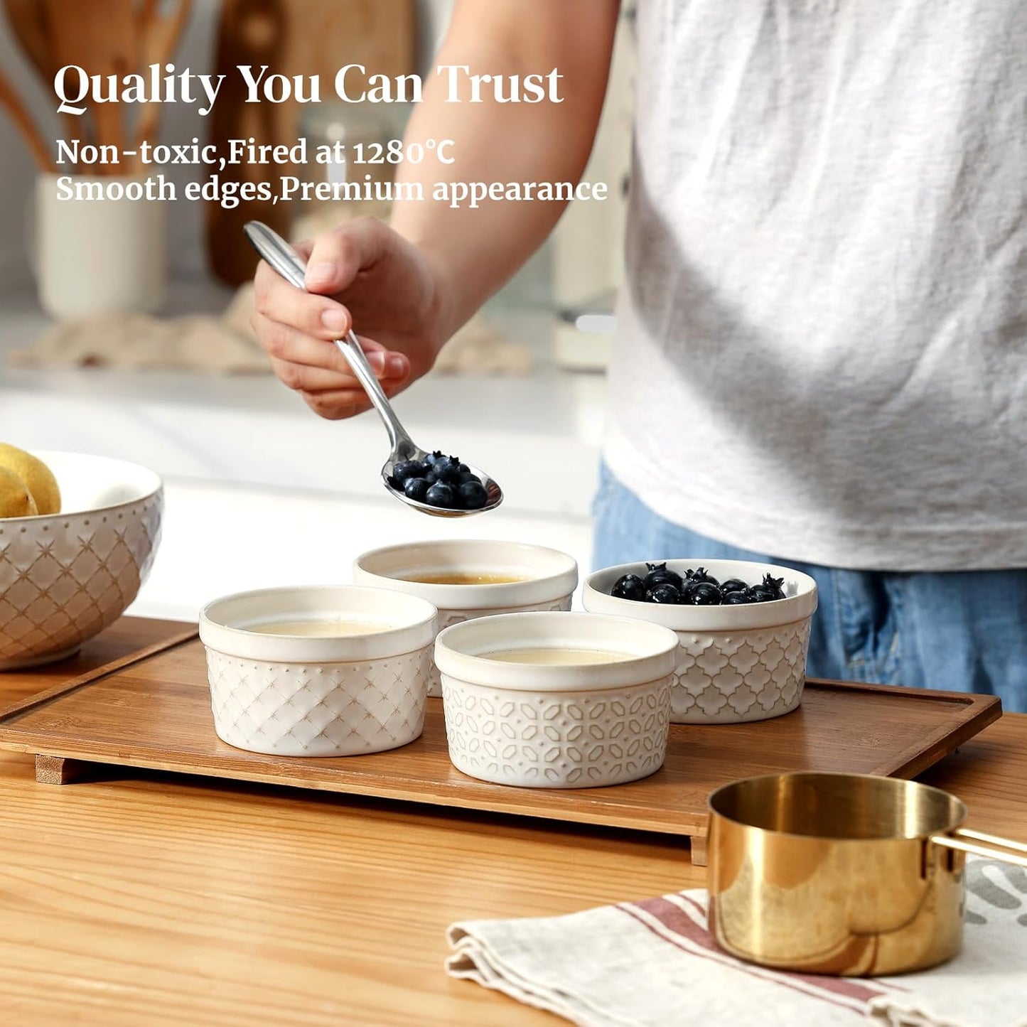 DOWAN Ramekins Oven Safe with Lids 4 oz, Charcuterie Boards Bowls Set for Creme Brulee, Souffle, Dipping Sauces, Custard Cups Ceramic Food Storage Containers, Set of 6, Beige