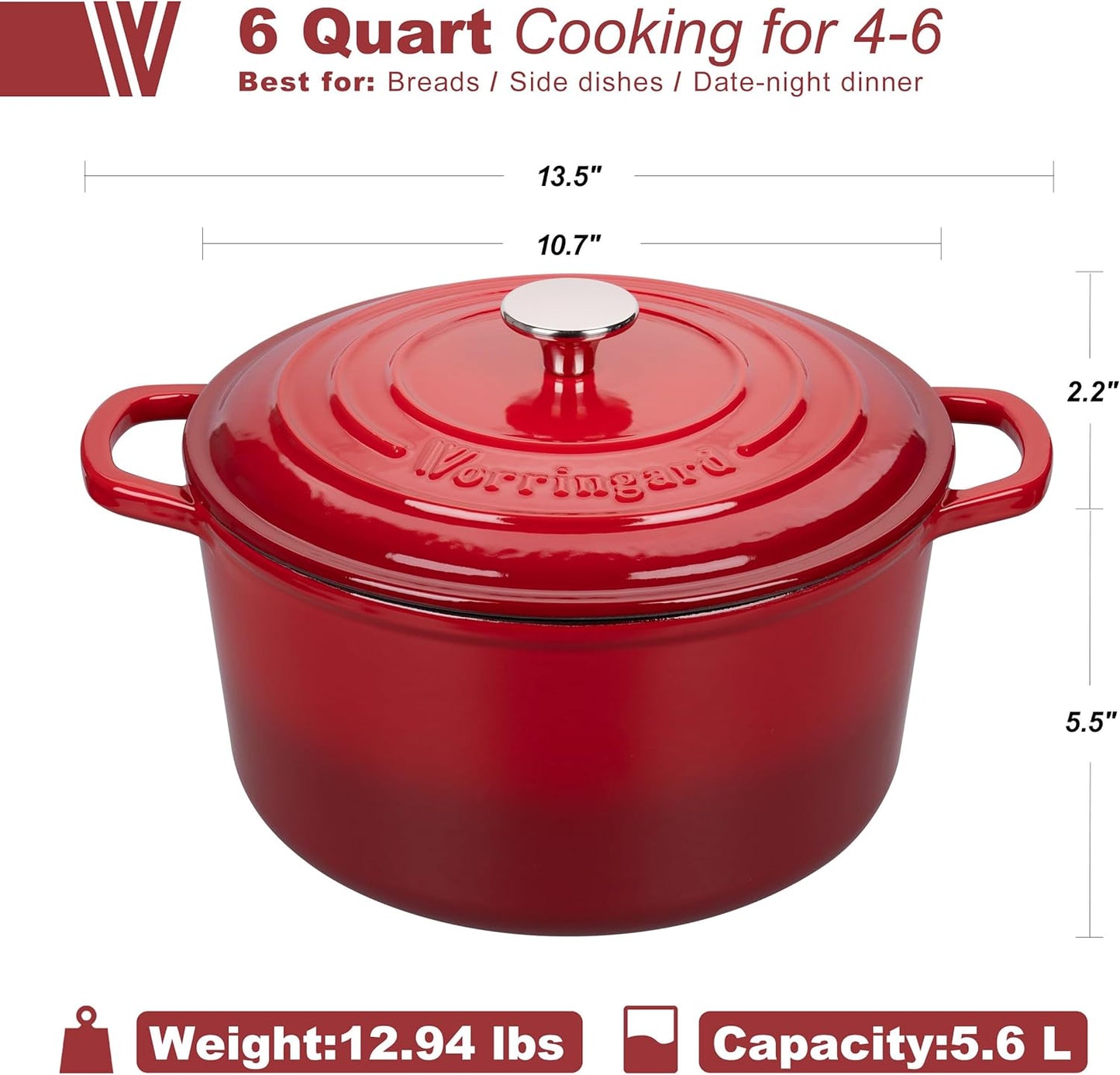 Enameled Cast Iron Dutch Oven Pot with Lid, for Sourdough Bread Baking, Round Dutch Ovens, 6 Quart, Red