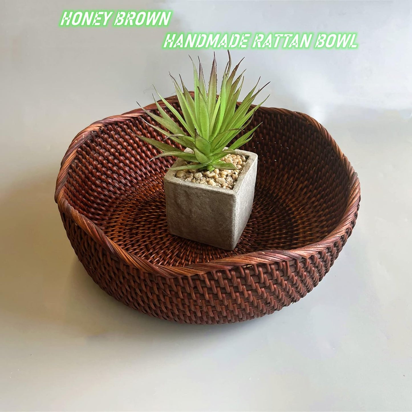 Handmade Rattan Round Fruit Basket Food Storage Bowls Kitchen Organizer Snack Serving Bowl 11 Inch Wavy Edge Circle Tray Basket with 3” Deep Wall, Dark Brown Décor Display Tray Bowl, L