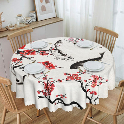 Cherry Blossom Tablecloth, Traditioanal Chinese Oriental Koi Vintage Asian Style Water Resisitant Wipeable Table Cover for Dining Kitchen Living Room Home Party Holiday Decor 70 inch Round