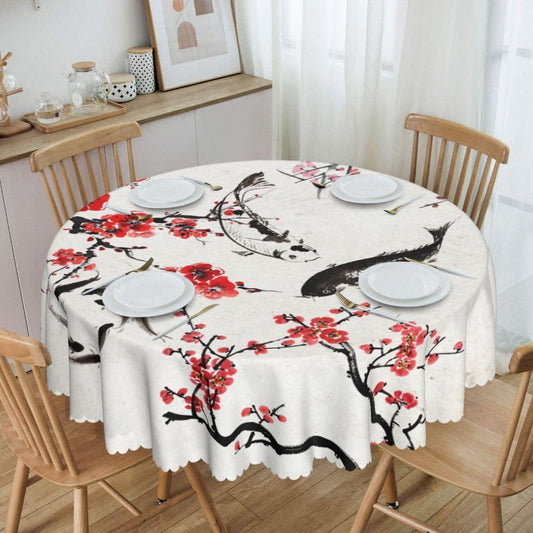 Cherry Blossom Tablecloth, Traditioanal Chinese Oriental Koi Vintage Asian Style Water Resisitant Wipeable Table Cover for Dining Kitchen Living Room Home Party Holiday Decor 70 inch Round