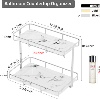 Bathroom Organizer Countertop Perfume Organizer Makeup Organizer Cosmetics Storage Display Rack Vanity Tray Dresser Stainless Steel Gold Shelf White Marble Ceramic Tray
