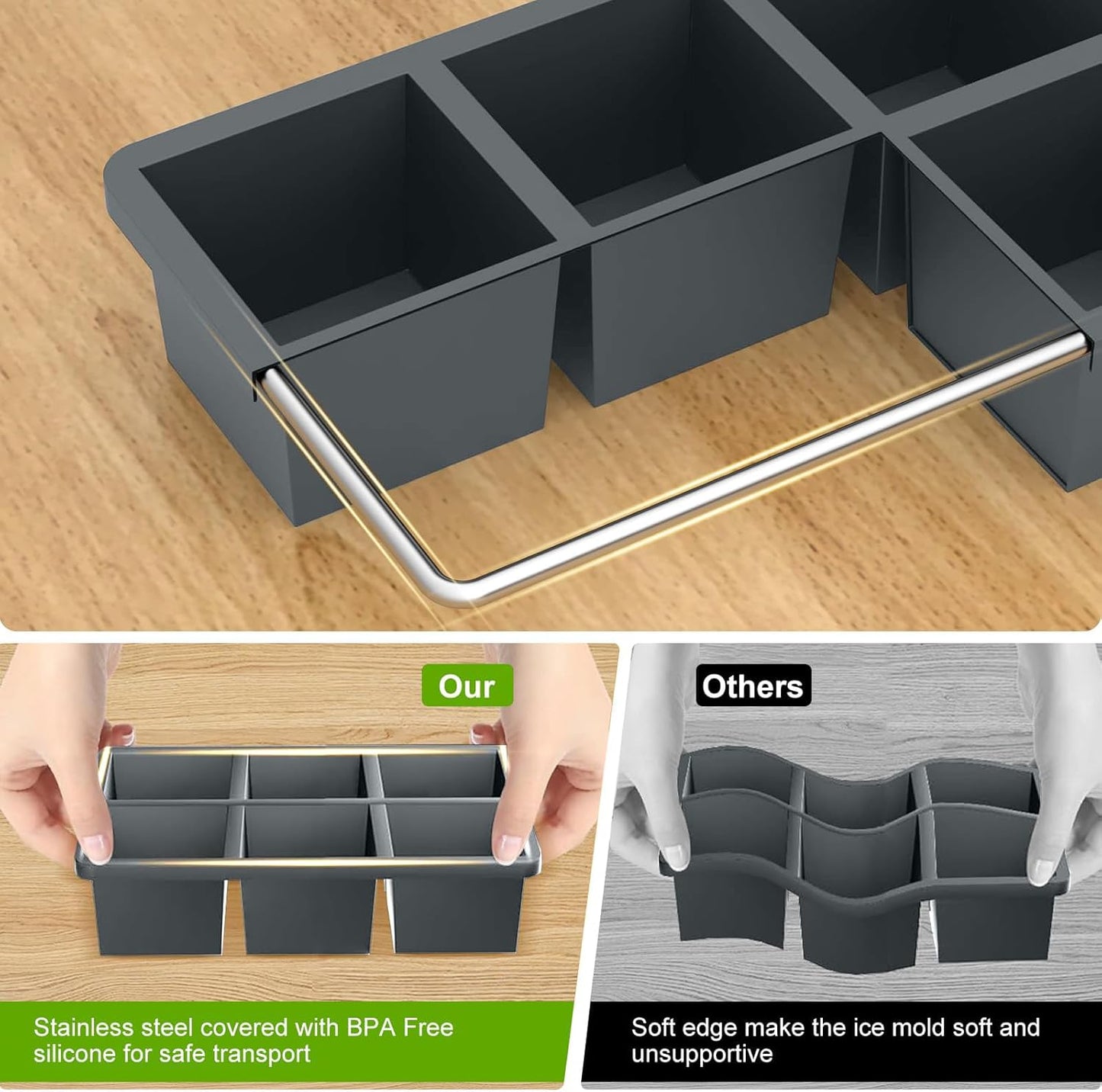 Samuelworld Premium Ice Tray Combo (3 Pack), Large Ice Sphere Maker & New Upgraded Ice Cube Trays, Food Grade, Easy To Use, Spill-Free Integrated Funnels, Whiskey Bourbon Cocktails, Grey