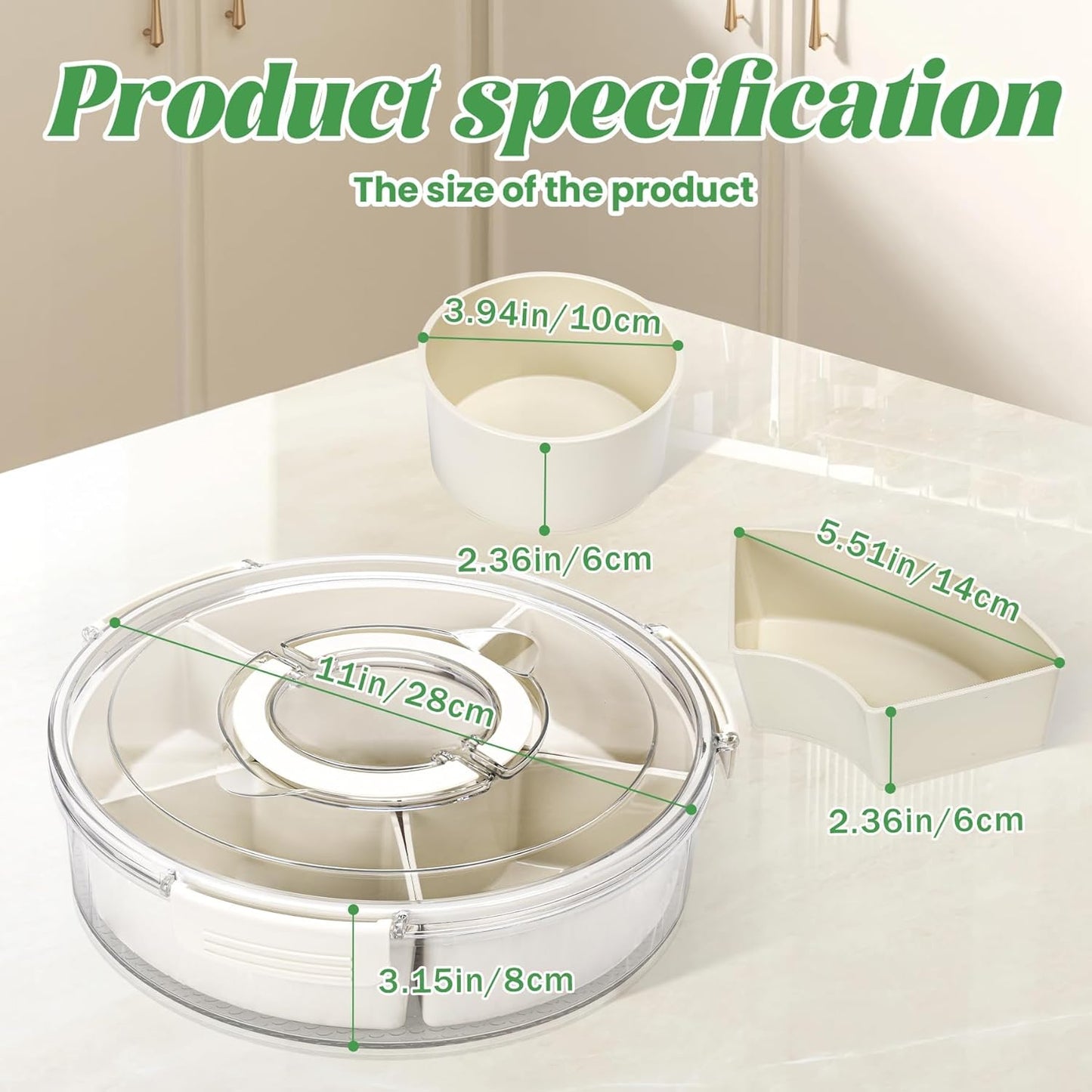 Snackle Box Container Divided Serving Tray with Lid, 6-Compartment Portable Spinning Round Stackable Container, Handle for Organize Veggies, Fruit, Candy, Party Snacks, Nuts, Kitchen Party Essentials