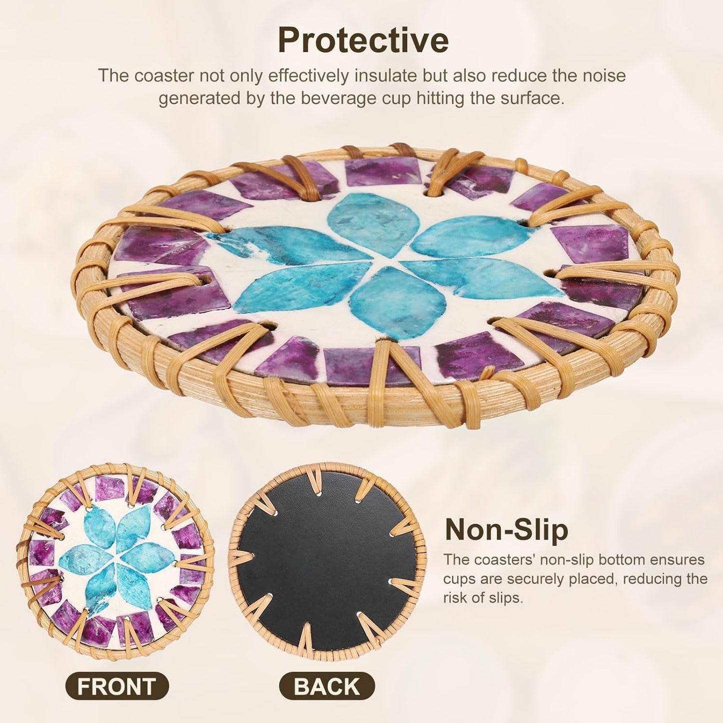 uxcell 2Pcs Handmade Woven Rattan Coasters, Heat-Resistant Drink Coasters for Coffee Table Dining Room Kitchen Coffee Wine Decor, Blue Petal