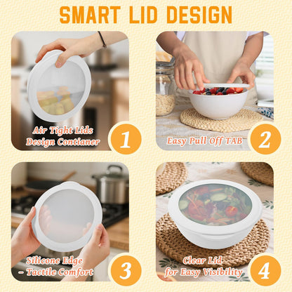 Homienly Wheat Straw Cereal Bowls with Lids, Unbreakable Plastic Bowls Set of 4, Microwave and Dishwasher Safe Food Storage Container for Lunch, Soup, Ramen, 40 OZ Bowls with Curved Texture, White