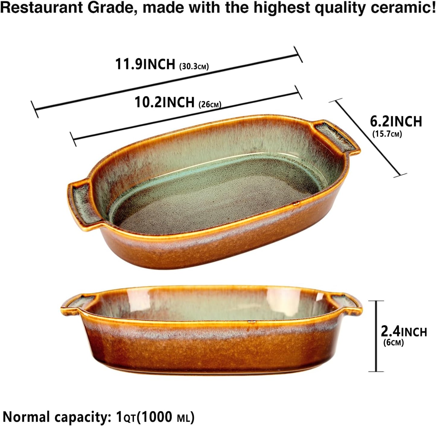 10"x6" Oval Casserole Dish, 33 oz Ceramic Au gratin Baking Dish, Baking Pan with Handles or for mixing, salad, pasta plate, Best gift for those who love baking, Microwave, Oven safe