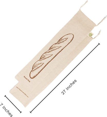Reusable Linen Baguette Bread Bags - Set of 2 Washable Cloth Bread Bags with Drawstring Closure - Long Size - 29”x7”