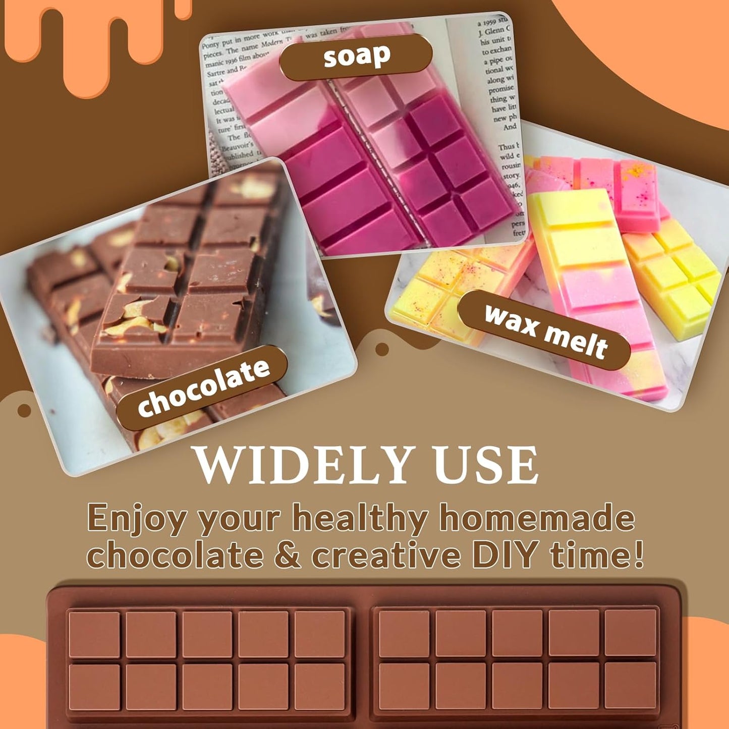 HKNMTT Chocolate Bar Molds Silicone 10 Snap Deep Moulds for Pistachio Dubai Wax Candy Energy Protein Bars, Food Grade Non stick Home DIY Handmade Gifts