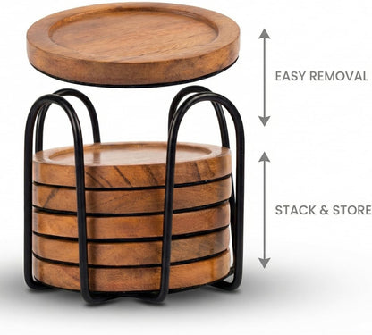 Wooden Coasters Set of 6 with Metal Holder – Round Natural Wood Drink Coasters for Hot & Cold Beverages – Non-Slip & Reusable Coasters for Coffee Table, Home, Office & Bar