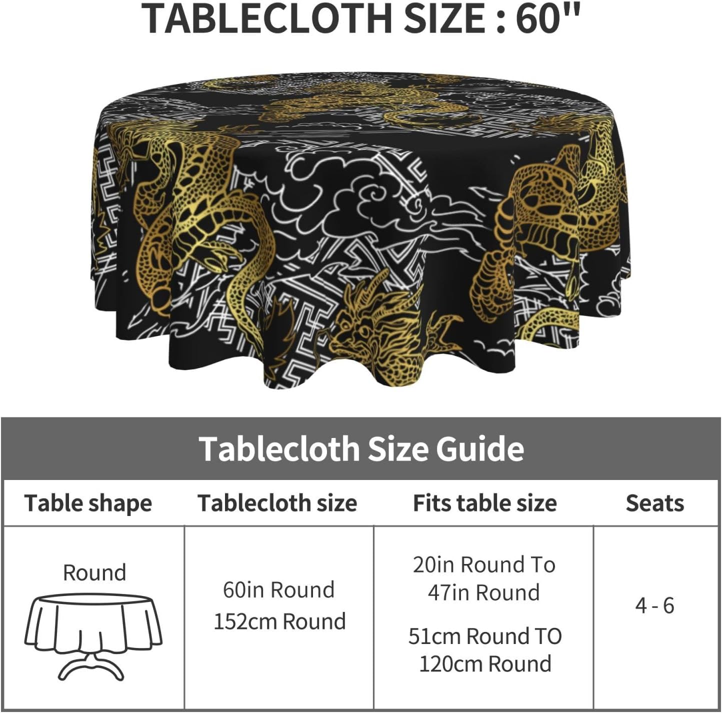 Japanese Tablecloth Round, Black Traditional Zodiac Dragon Vintage Asian Style Oriental Water Resisitant Table Cover for Dining Kitchen Living Room Home Party Holiday Decor 60 inch Round