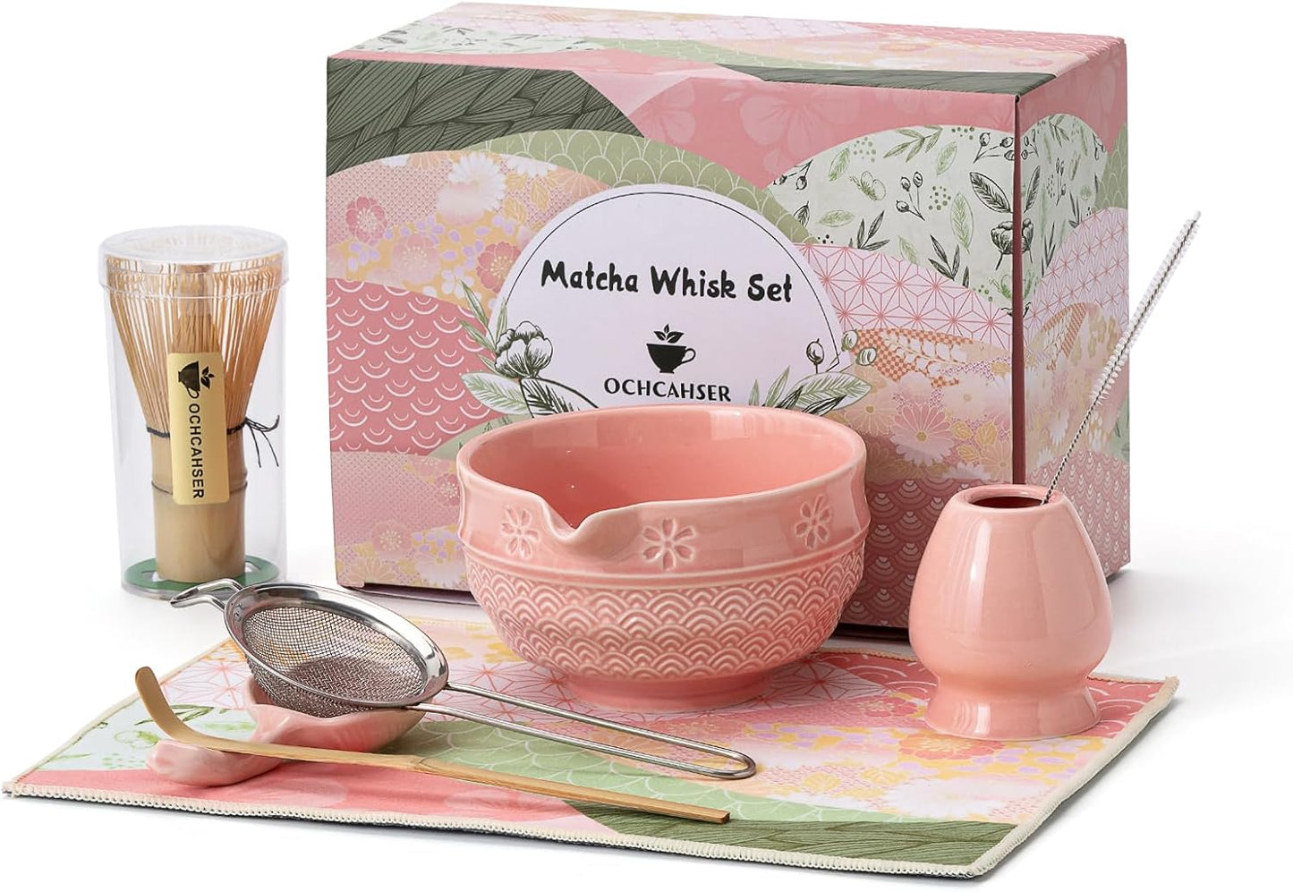 Matcha Tea Set, 8 Pcs Japanese Matcha Kit with Cherry Blossom and Wave Design Ceramic Bowl, Bamboo Whisk, Whisk Holder, Scoop, Sifter, Brush, Matcha Kit Set for Matcha Lovers (Pink)