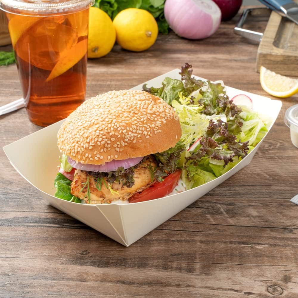 Restaurantware Bio Tek 2 Pound Food Boats 50 Disposable Paper Food Trays - Heavy-Duty Greaseproof White Paper Boats For Snacks Appetizers Or Treats Use At Parties Or Carnivals