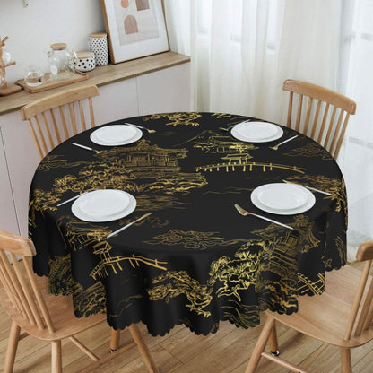 Japanese Tablecloth, Black Golden Traditioanal Chinese Landscape Oriental Vintage Water Resisitant Wipeable Table Cover for Dining Kitchen Living Room Home Party Holiday Decor 36 inch Round